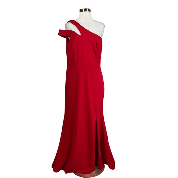 Red One Shoulder Evening Gown Size 14P XSCAPE Cut Out Thigh Slit Formal Dress - Picture 1 of 14